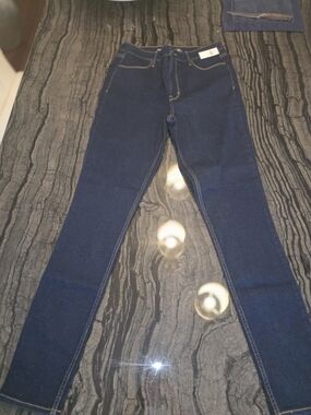 Skinny High-Rise Dark Blue Denim Jeans, Size 8 Long